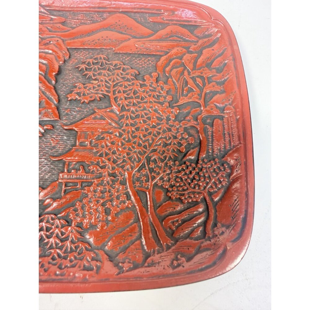 Appitizer Plates Set 3 Vintage Japanese Cinnabar Lacquer Ware Oriental Pagoda - Picture 6 of 12